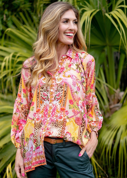 Raglan button down blouse in Pink Coral