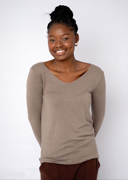 Silver Lining V-Neck Winter Weight Knit Jumper in Dark Taupe