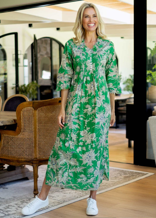 Sarah Dress with Frill in Green Garden Long Length