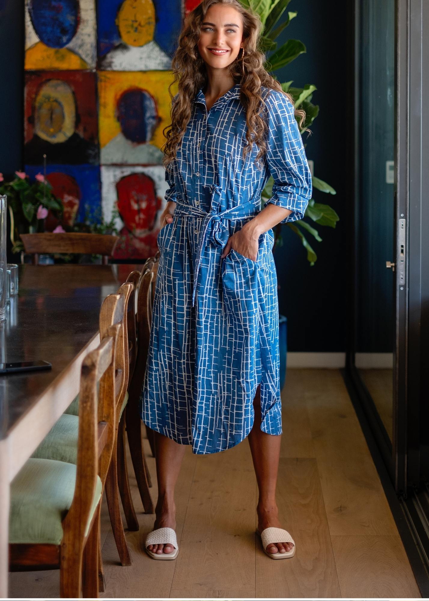Laura Shirt Dress in Blue with White Broken Stripes