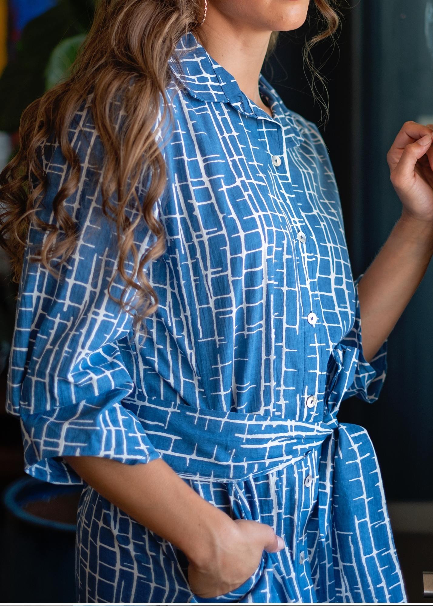 Laura Shirt Dress in Blue with White Broken Stripes