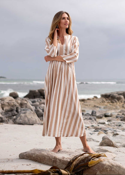 Amelia pleated dress Long, Stone Pinstripe