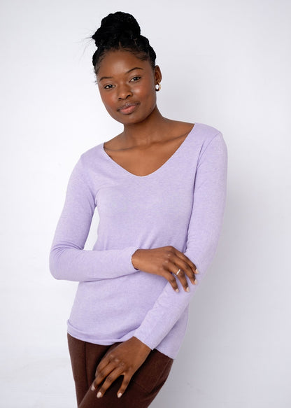 Silver Lining V-Neck Winter Weight Knit Jumper in Lavender