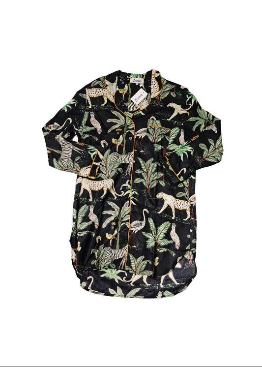 Long Sleeve Sleepshirt in Black Zebra Tropical Island