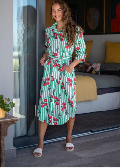 Laura Shirt Dress in Mint Stripes with Cherries