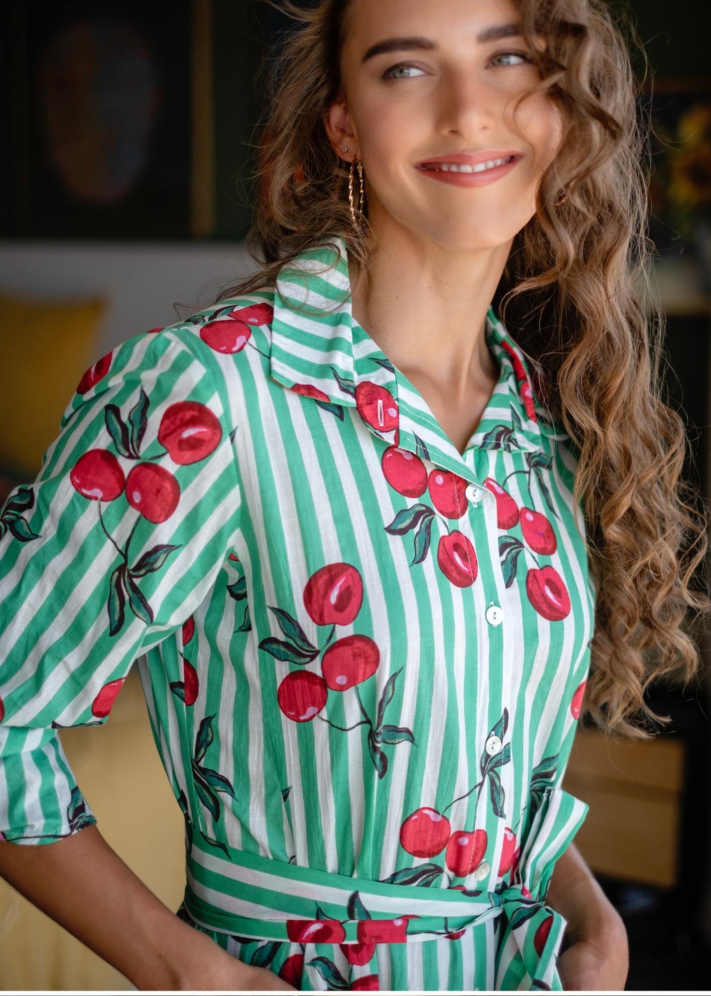 Laura Shirt Dress in Mint Stripes with Cherries