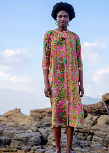 Andrea Dress, Green and Pink Paisley