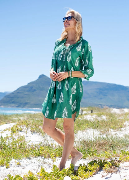 Sarah dress in Green with white leaves