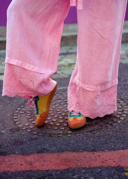 Lino 100% Linen Pants in Pink Broderie