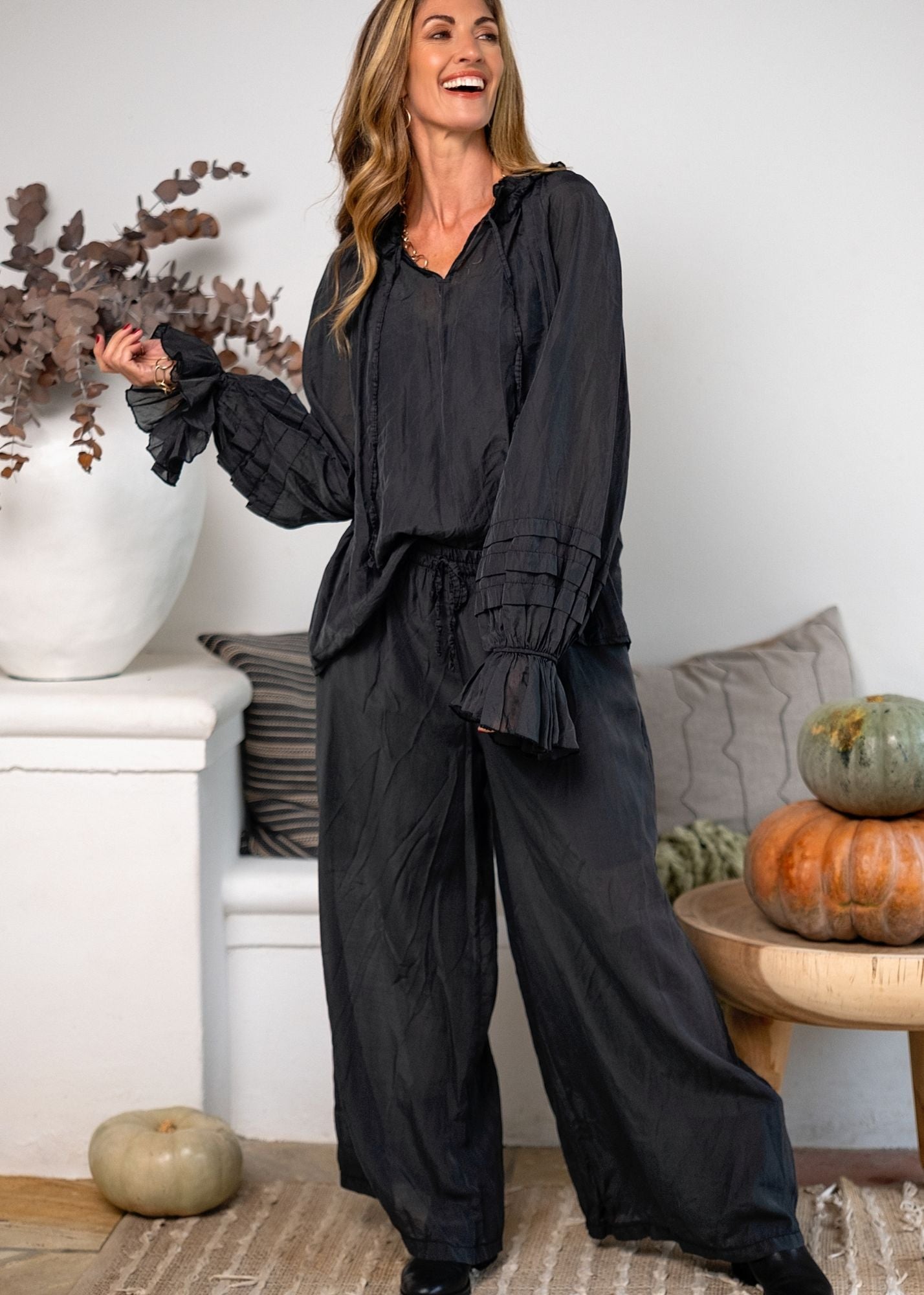 Swann Blouse with Frill  in Onyx Black