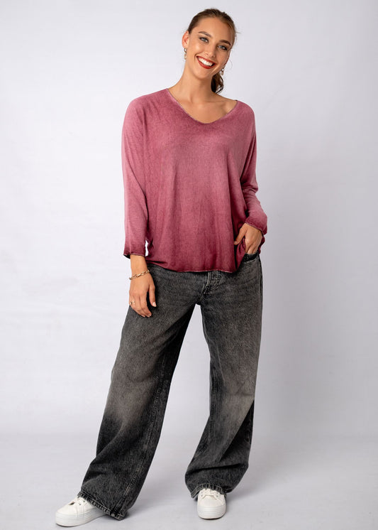 Silver Lining V-Neck Thin Knit Top in Maroon