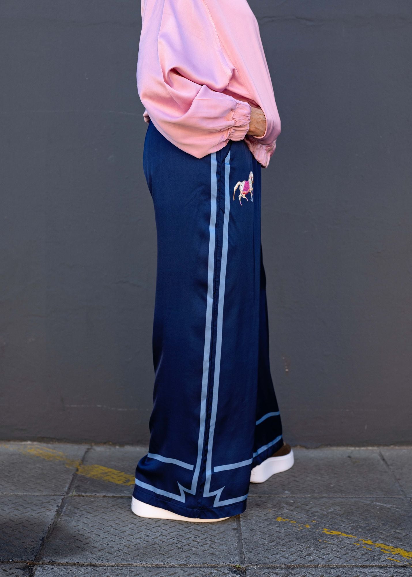 Lila Viscose Silk Blend Pants in Blue Gallop Glam