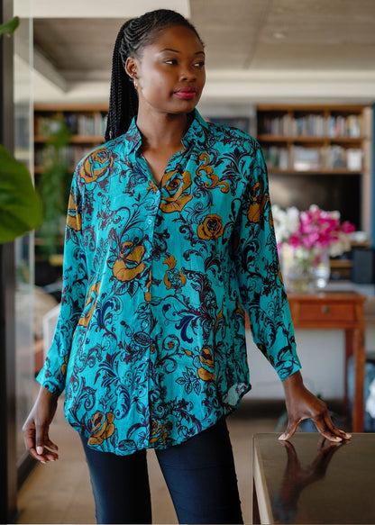 Sienna Button down blouse in Turquoise Rose