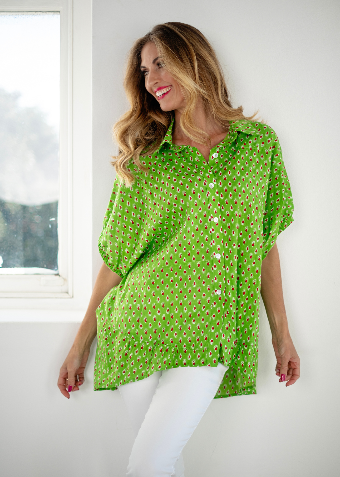 Athina blouse in Lime and Red Motif