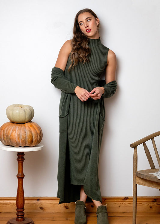 Urban Cozi Knit in Longline Open-Front Cardigan Jacket in Olive