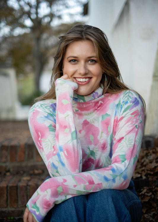 100% Wool Turtle Neck Long Sleeve Sweater in Pink Garden