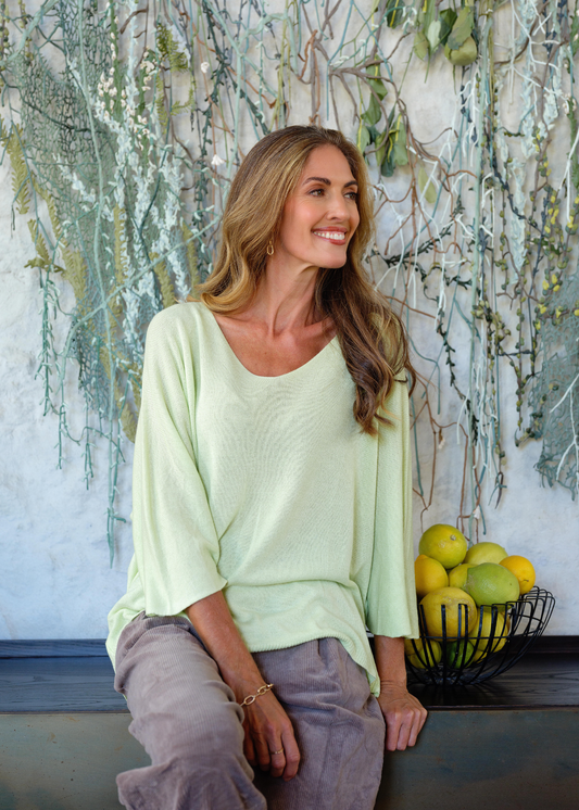 Slouchy Susan Knitted 3/4 Sleeve Top in Lime