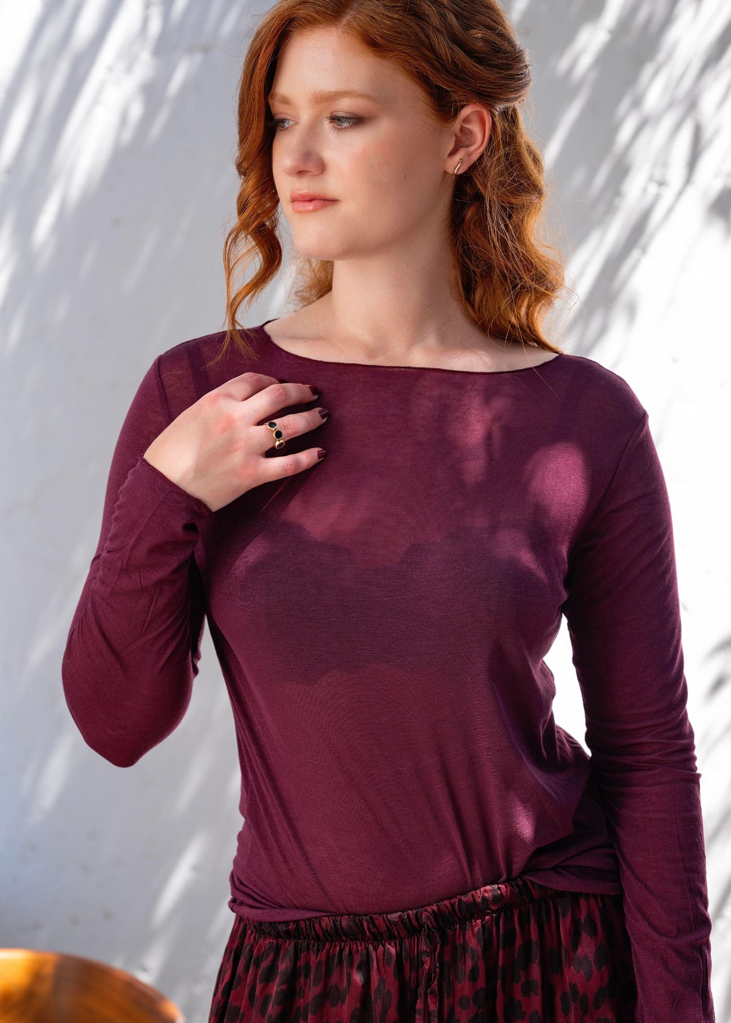 The Sheer Stretchy Scoop-neck Top in  Maroon