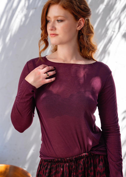 The Sheer Stretchy Scoop-neck Top in  Maroon