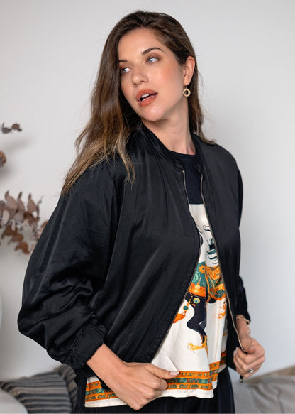 Lila  Bomber Jacket in Viscose Silk Blend in Black