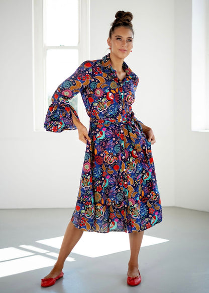 Jewel Dress, Blue with red birds