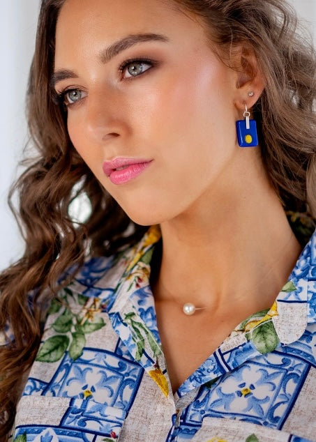 Betty Button dress, White and Blue with Lemons