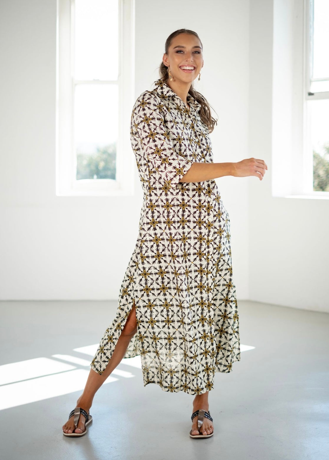 Betty Button dress, Cream with Tile Print