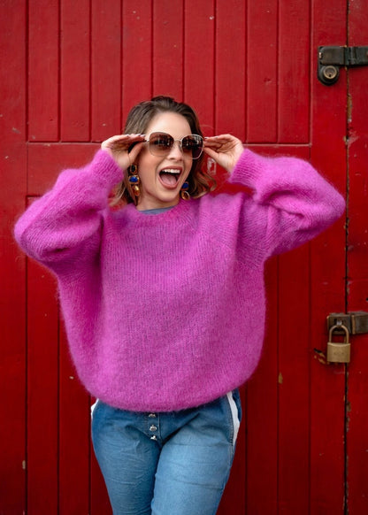 Classic Round Neck Mohair Sweater in Pink
