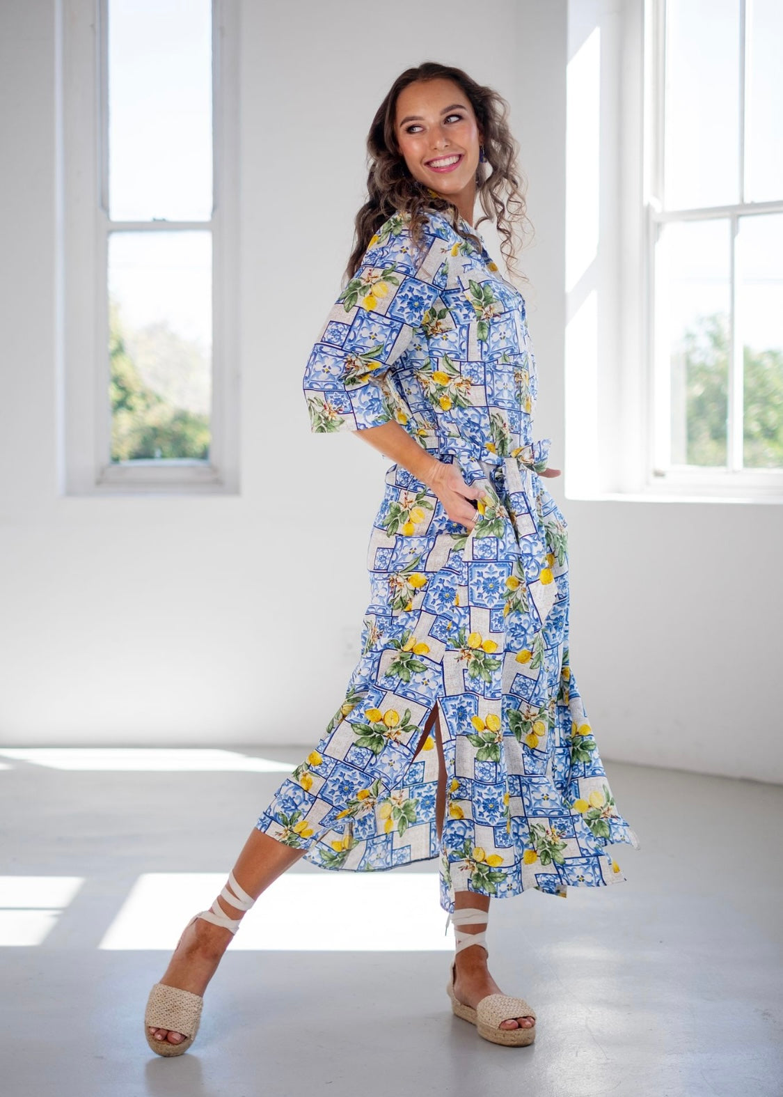 Betty Button dress, White and Blue with Lemons