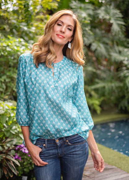 Lauren Comfy top, Turquoise with white