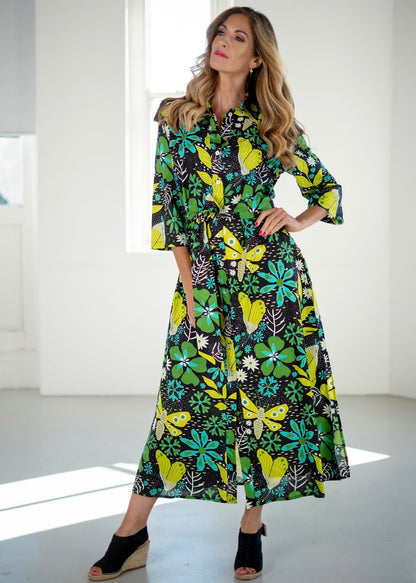 Betty Button dress, Black with Bold Lime