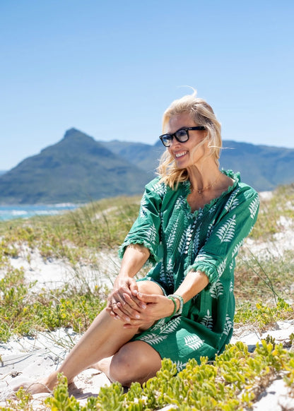 Sarah dress in Green with white leaves