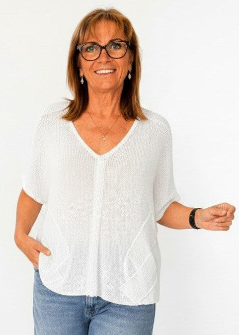 Riviera Summer Knit Top with Pockets in White