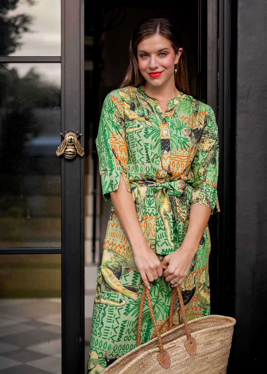 Fergie Cuffed Sleeve  Dress,  Green Ostrich