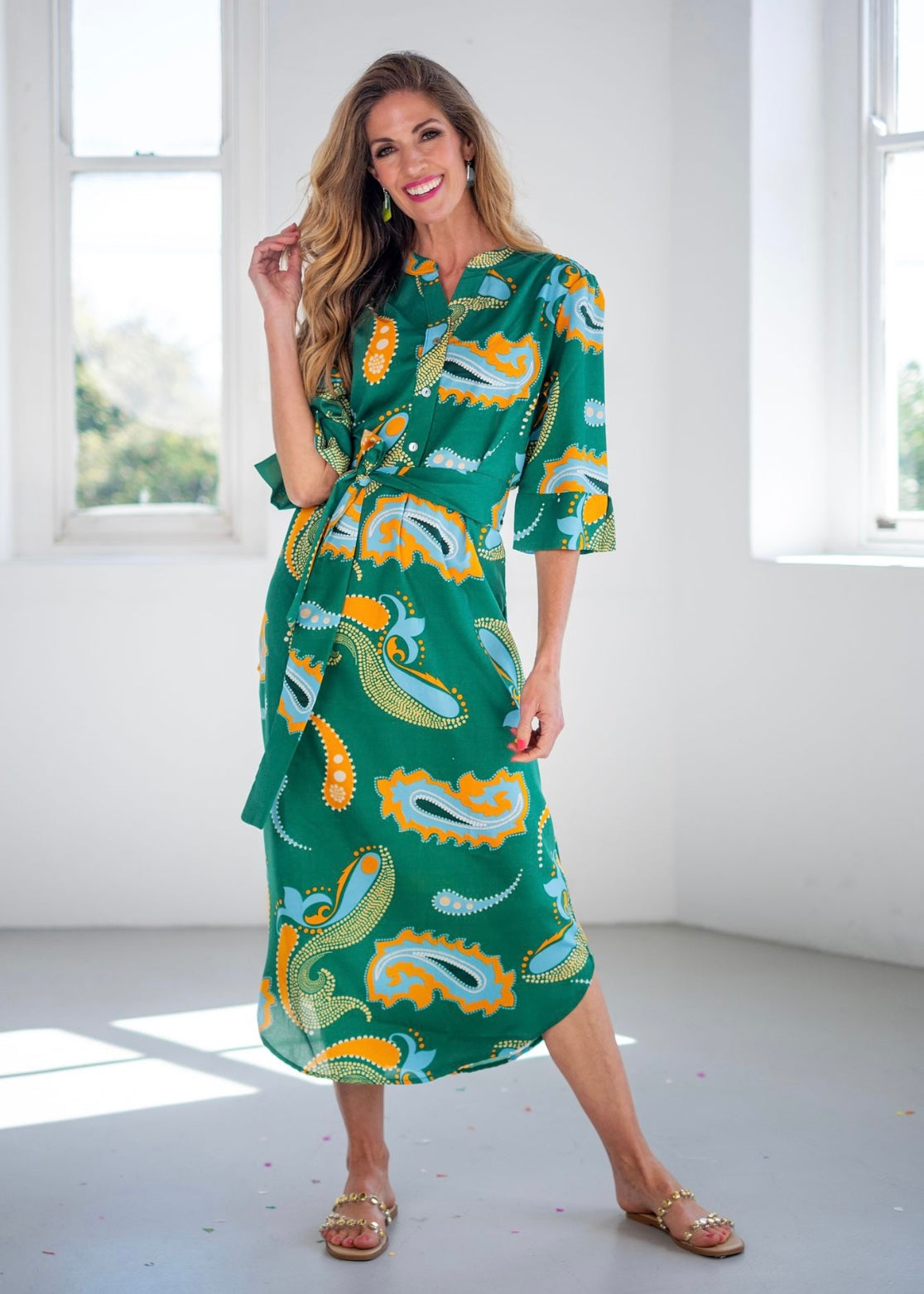 Fergie Cuffed Sleeve  Dress,  Green Bold Paisley