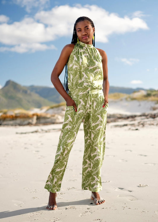 Halterneck jumpsuit, Green and White Wide leg