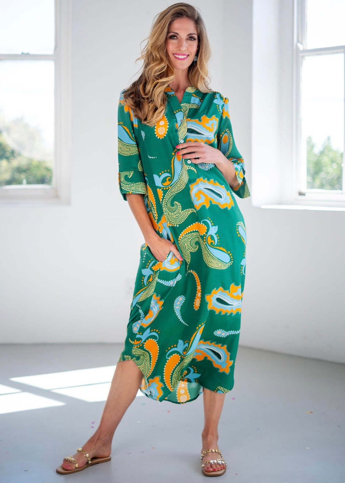 Fergie Cuffed Sleeve  Dress,  Green Bold Paisley
