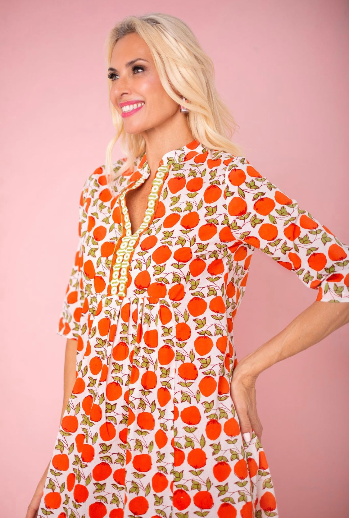Lee-Ann pleated dress, White with oranges