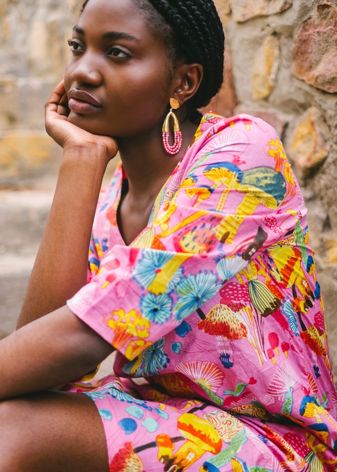 V-Neck tunic, pink mushrooms
