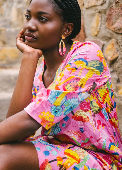 V-Neck tunic, pink mushrooms