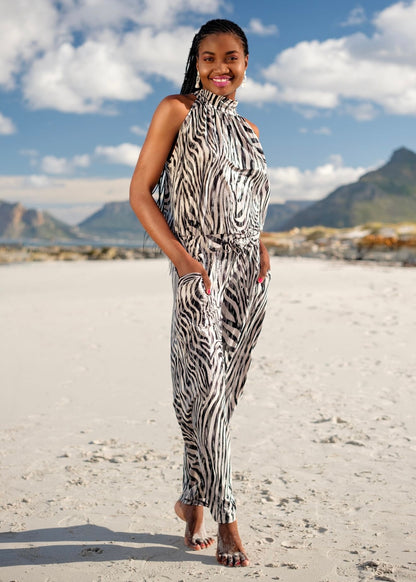 Halterneck jumpsuit, Black with Silver Animal print - wide leg