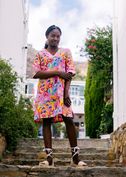 V-Neck tunic, pink mushrooms