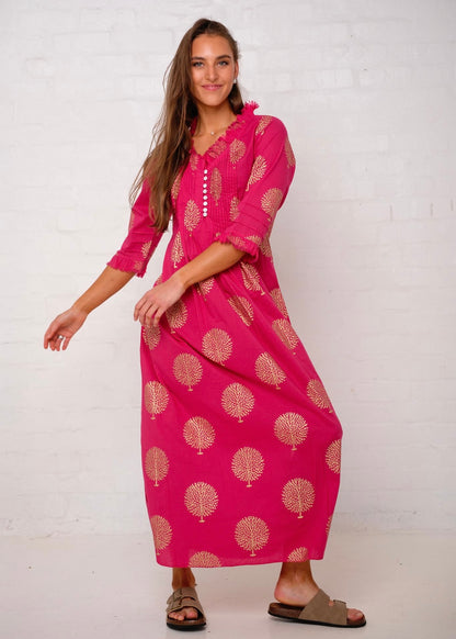 Sarah dress in Fuchsia Pink with Gold Tree (Long Length)