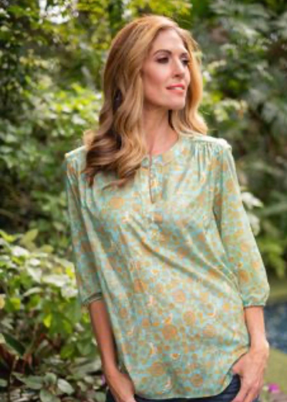 Lauren Comfy top, Turquoise with orange birds