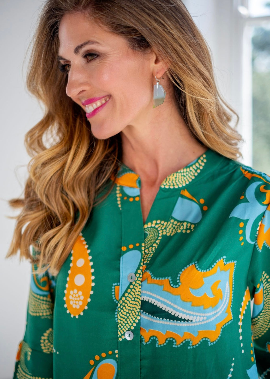 Fergie Cuffed Sleeve  Dress,  Green Bold Paisley
