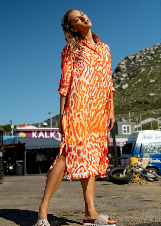 Lindi Dress in Orange Animal Print