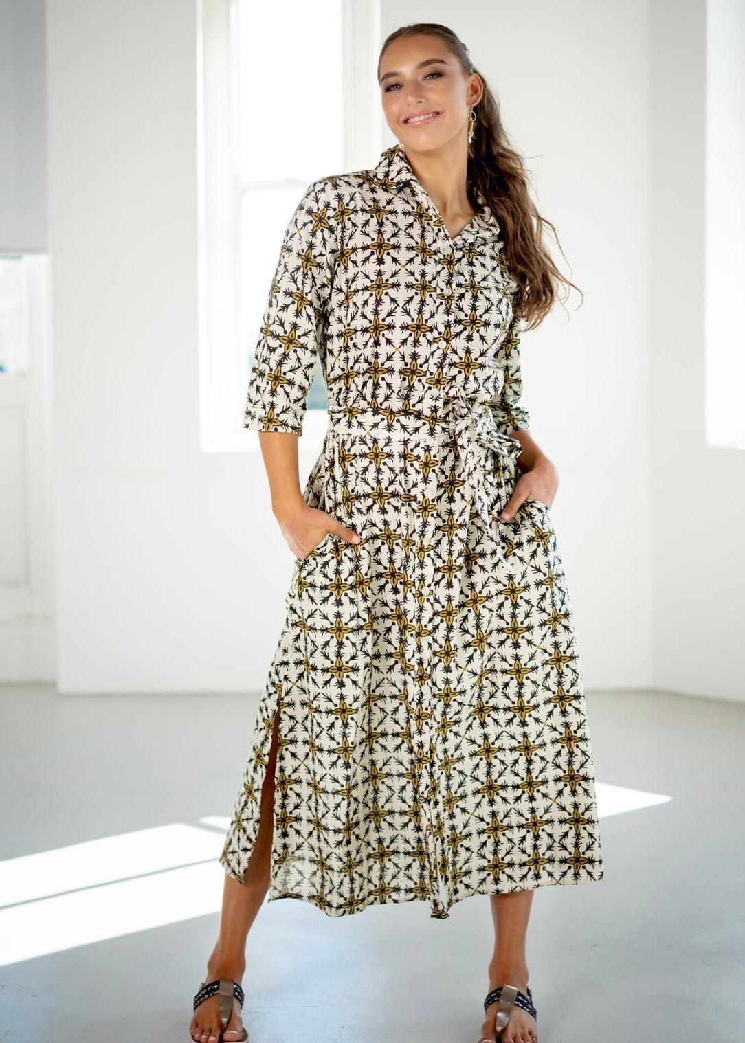 Betty Button dress, Cream with Tile Print