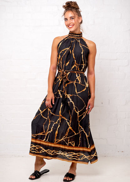 Brooke Dress in Black and Gold Marble