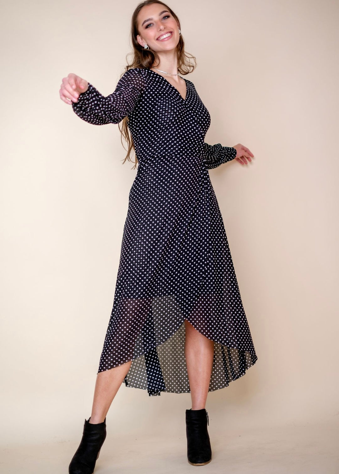 Asymmetrical wrap dress, black & white polkadots