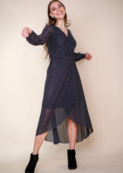 Asymmetrical wrap dress, black & white polkadots